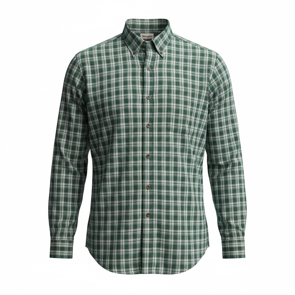 Wrangler Riata Mens Button Down Shirt Large Green Plaid Cotton Blend Western